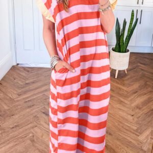 Orange Stripe Cuffed Short Sleeve Pocketed Casual T Shirt Long Dress