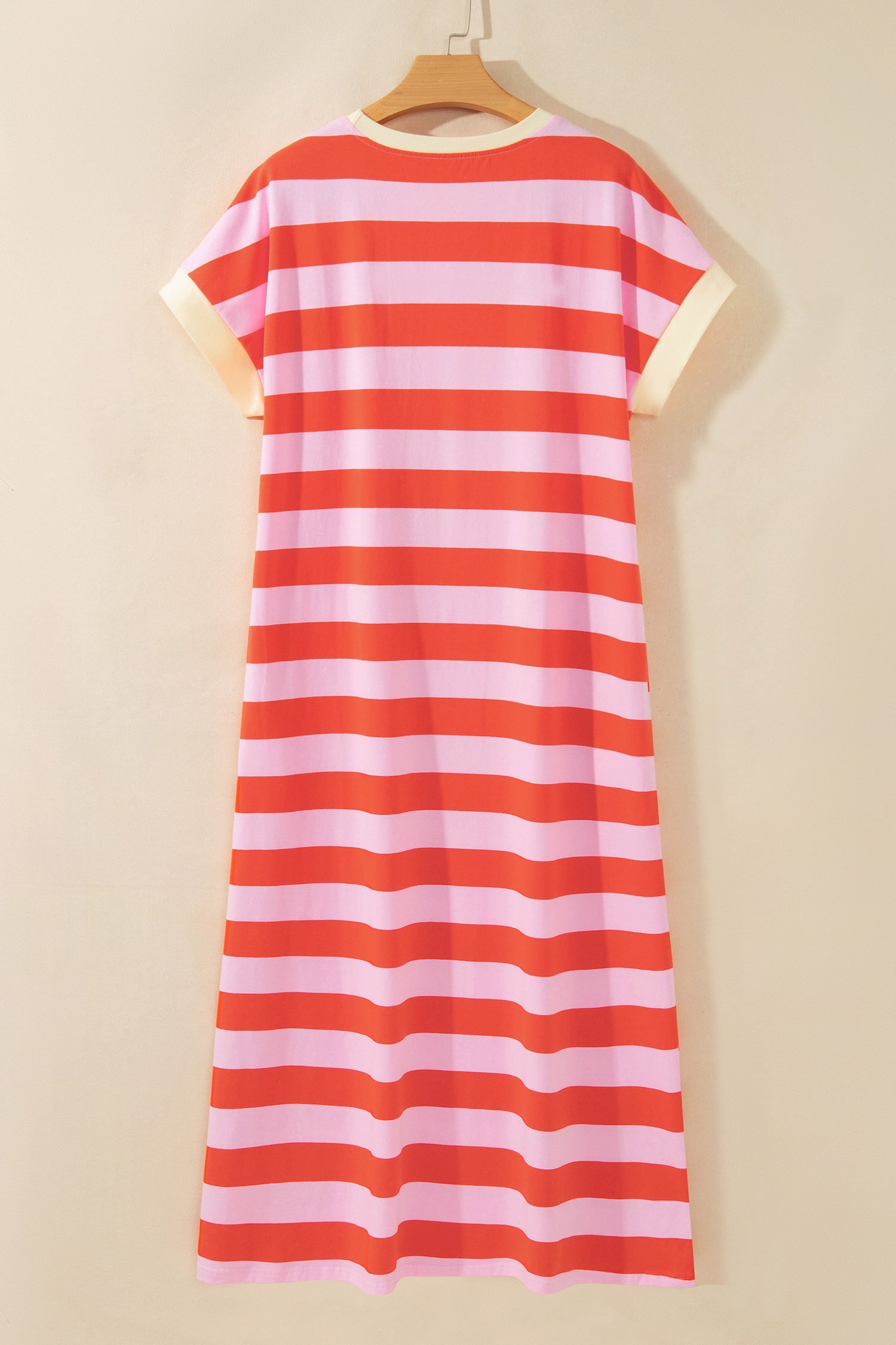 Orange Stripe Cuffed Short Sleeve Pocketed Casual T Shirt Long Dress