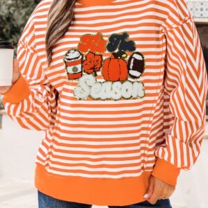 Orange Stripe Fall Vibe Pumpkin Season Graphic Long Sleeve Top