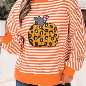 Orange Stripe Leopard Pumpkin Graphic Thanksgiving Pullover Top
