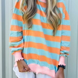 Orange Stripe Ribbed Color Block Trim Round Neck Long Sleeve Shift Top