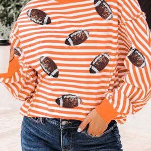 Orange Stripe Sequined Rugby Graphic Raw Seam Detail Long Sleeve Loose Top