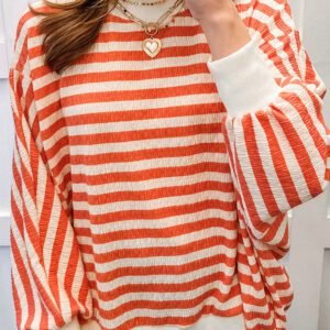 Orange Stripe Striped Textured Stand Neck Oversized Long Sleeve Top