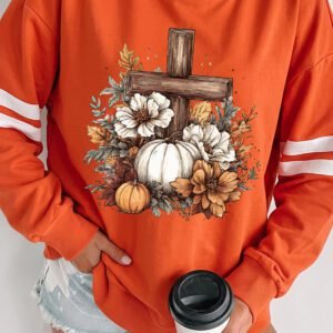 Orange Thanksgiving Floral Pumpkin Cross Print Banded Sleeve Graphic Sweatshirt