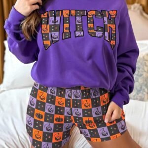 Orange Witch Letter Print Long Sleeve Top Checkered Elastic Waist Shorts Set