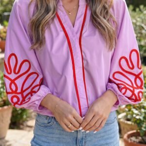 Orchid Bouquet Contrast Detail Long Sleeve Decorative Neckline Cotton Blouse