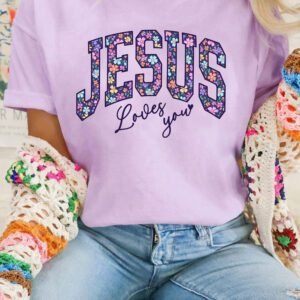 Orchid Petal Christian Floral Letter Graphic Round Neck T Shirt