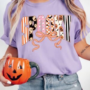 Orchid Petal Spooky Letter Print Round Neck Casual Halloween T Shirt