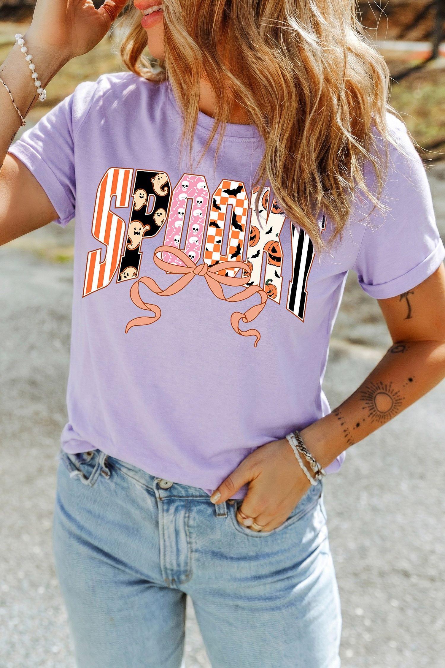 Orchid Petal Spooky Letter Print Round Neck Casual Halloween T Shirt