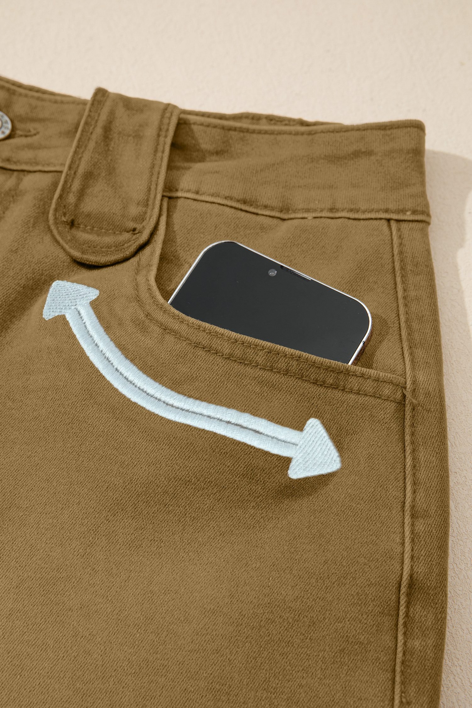 Pale Khaki Contrast Arrow Detail Western Denim Shorts