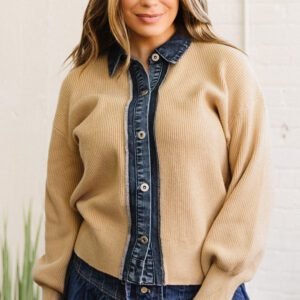 Parchment Drop Shoulder Placket Paneling Shirt Collar Long Sleeve Cardigan