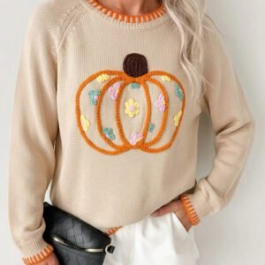 Parchment Floral Embroidery Pumpkin Long Sleeve Round Neck Sweater