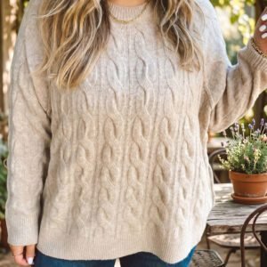 Parchment Oversized Cable Knit Long Sleeve Round Neck Tunic Length Plus Size Sweater