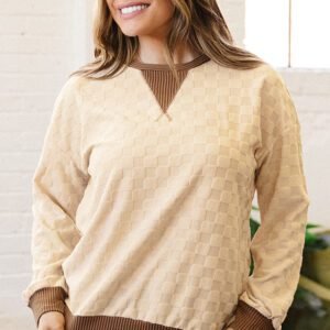 Parchment Plush Checkered Contrast Twisted Rib Long Sleeve Top