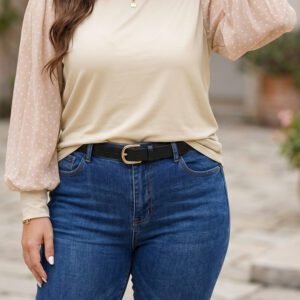 Parchment Polka Dot Long Sleeve Round Neck Plus Size Blouse