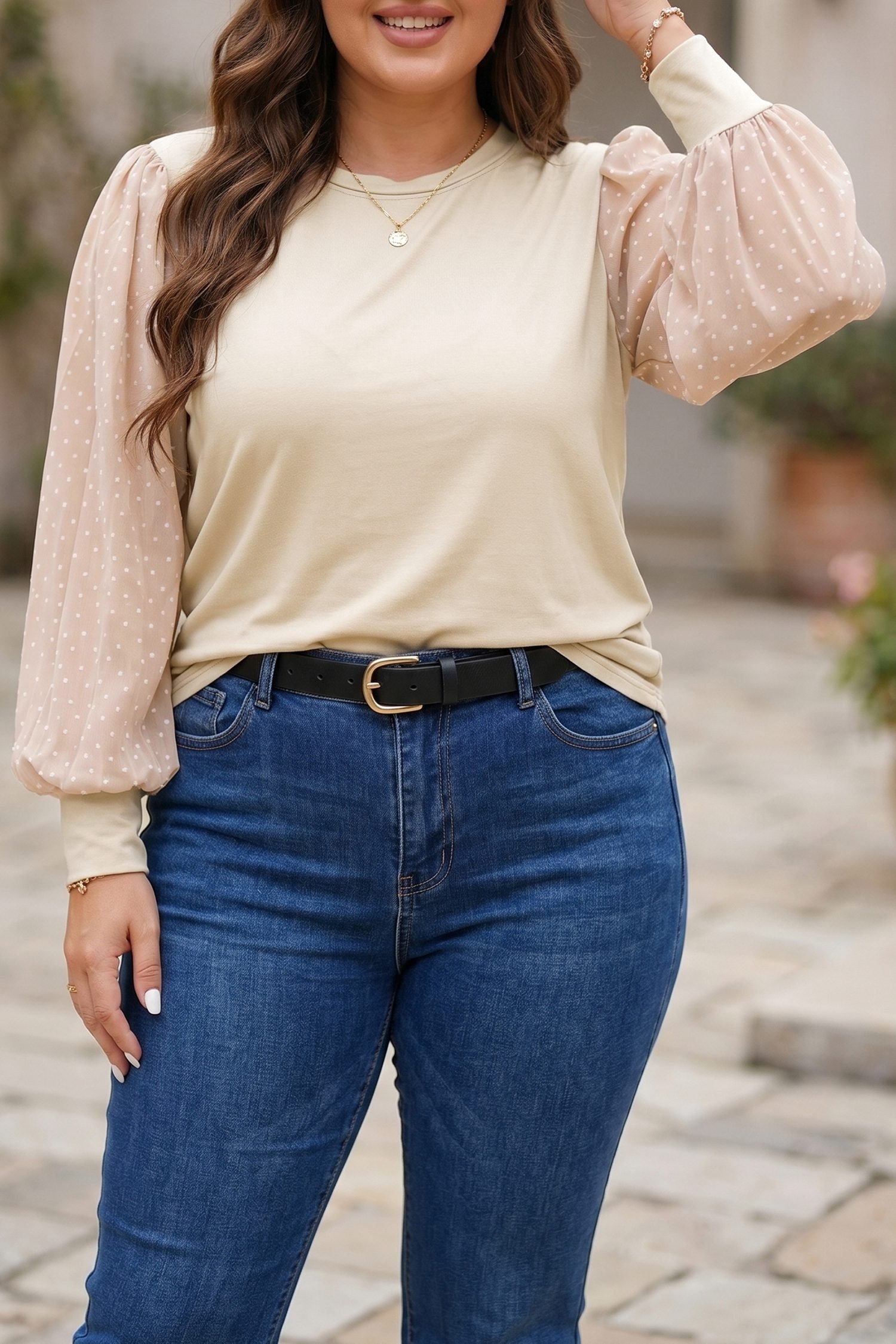 Parchment Polka Dot Long Sleeve Round Neck Plus Size Blouse