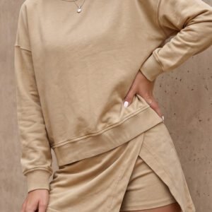 Parchment Solid Color Long Sleeve Top Split Skort 2pcs Outfit