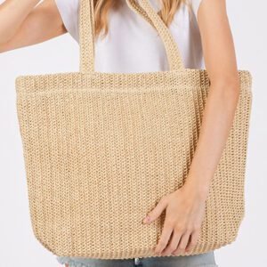 Parchment Solid Color Straw Woven Summer Beach Tote Bag