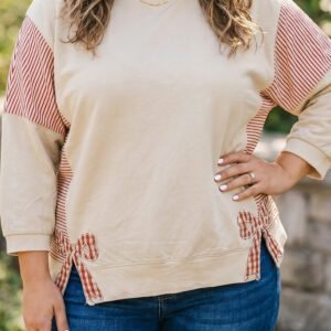 Parchment Striped Colorblock Patchwork Bow Detail Bracelet Sleeve Plus Size Top