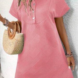Peach Blossom Solid Color Textured Short Sleeve A Line Mini Dress