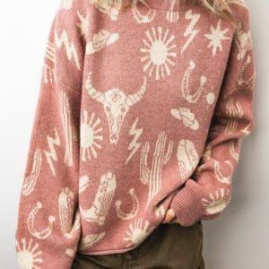 Peach Blossom Western Print Drop Shoulder Round Neck Long Sleeve Sweater