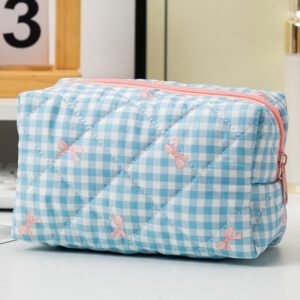 Peacock Blue Sweet Bow Knot Print Quilted Zipper Cosmetic Bag