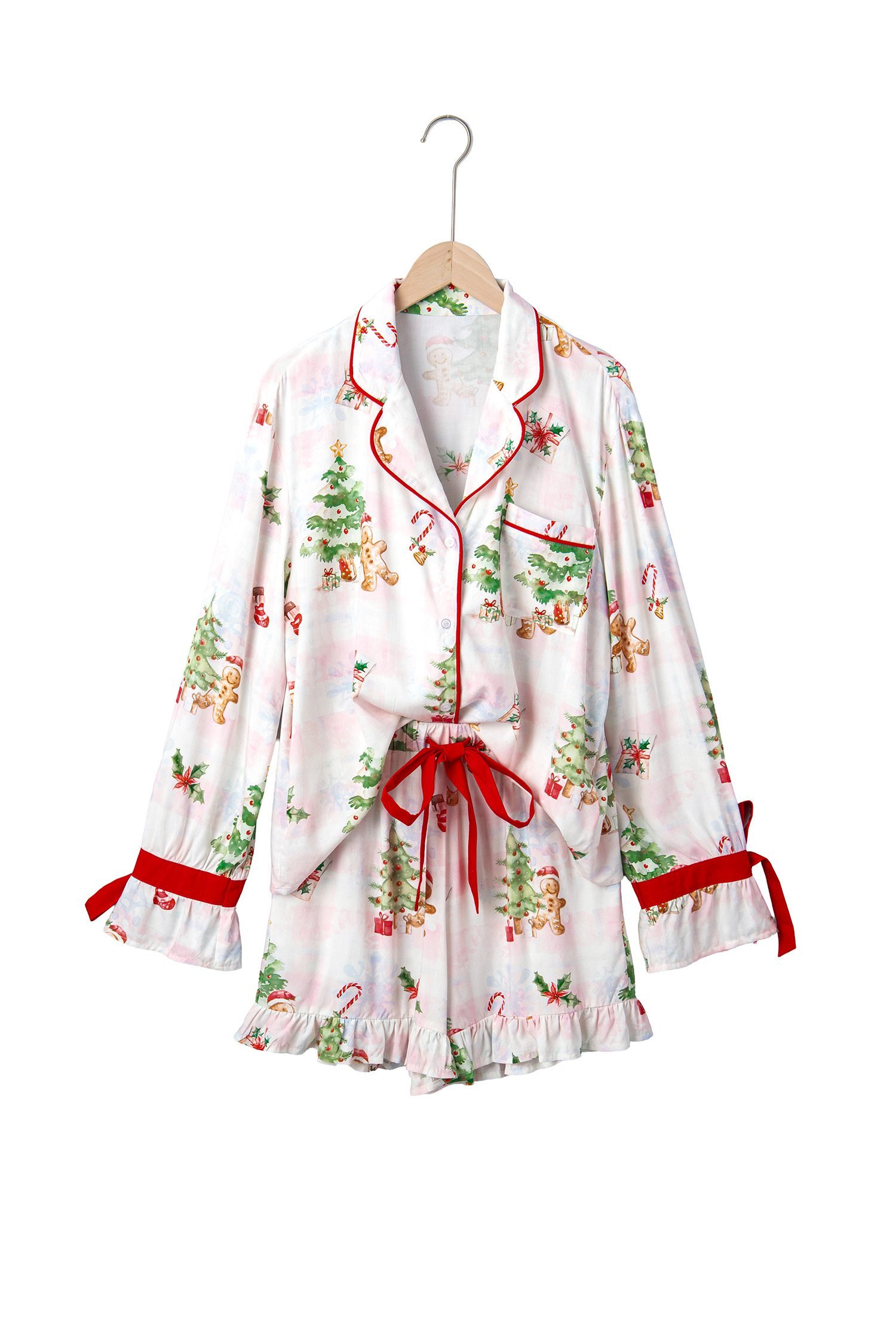 Pink Abstract Christmas Print Long Sleeve Two Piece Shift Lounge Set