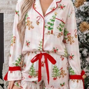 Pink Abstract Christmas Print Long Sleeve Two Piece Shift Lounge Set