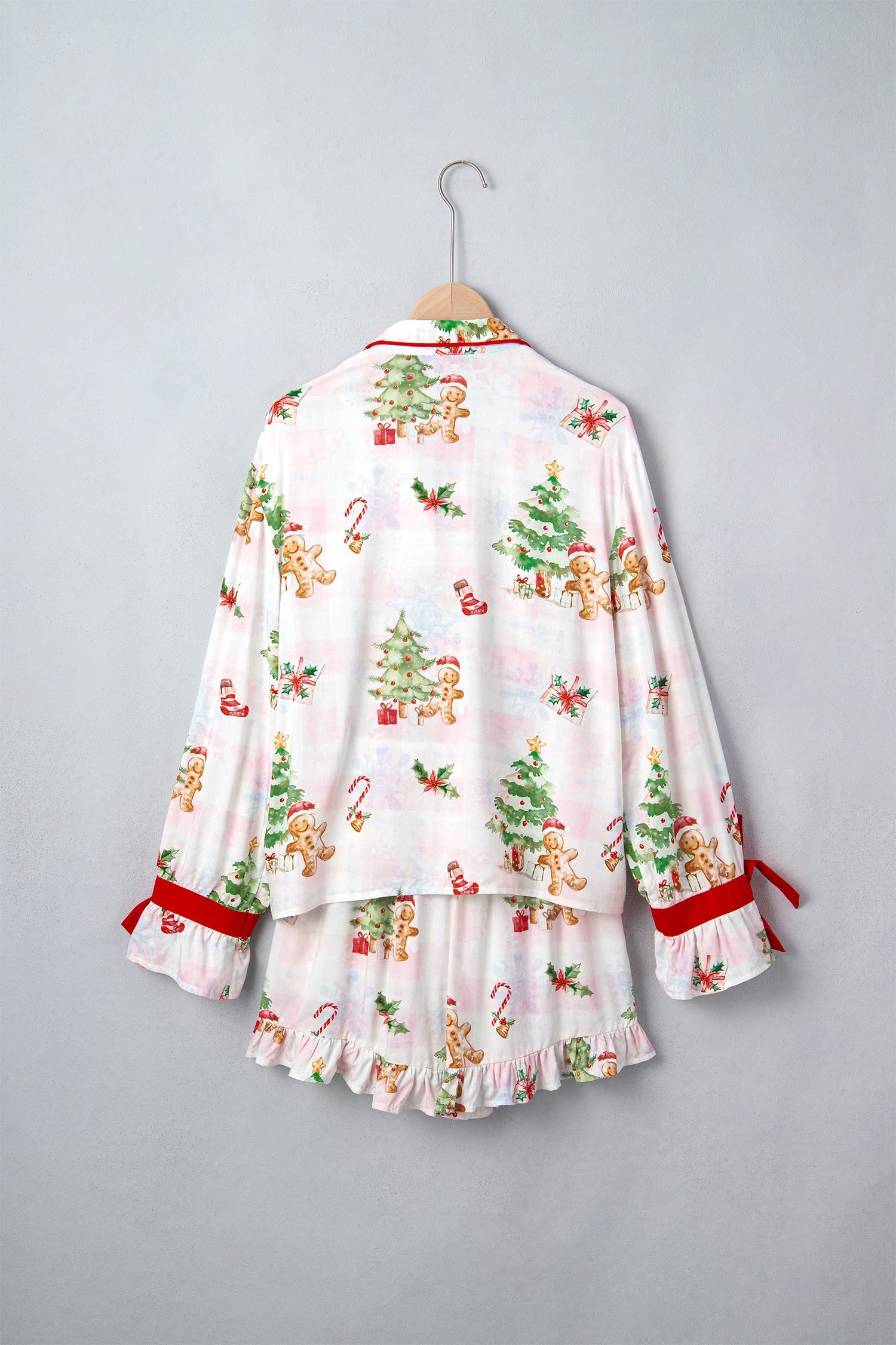 Pink Abstract Christmas Print Long Sleeve Two Piece Shift Lounge Set