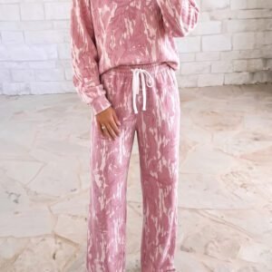 Pink Abstract Floral Print Loose Pullover Drawstring Pants 2pcs Set