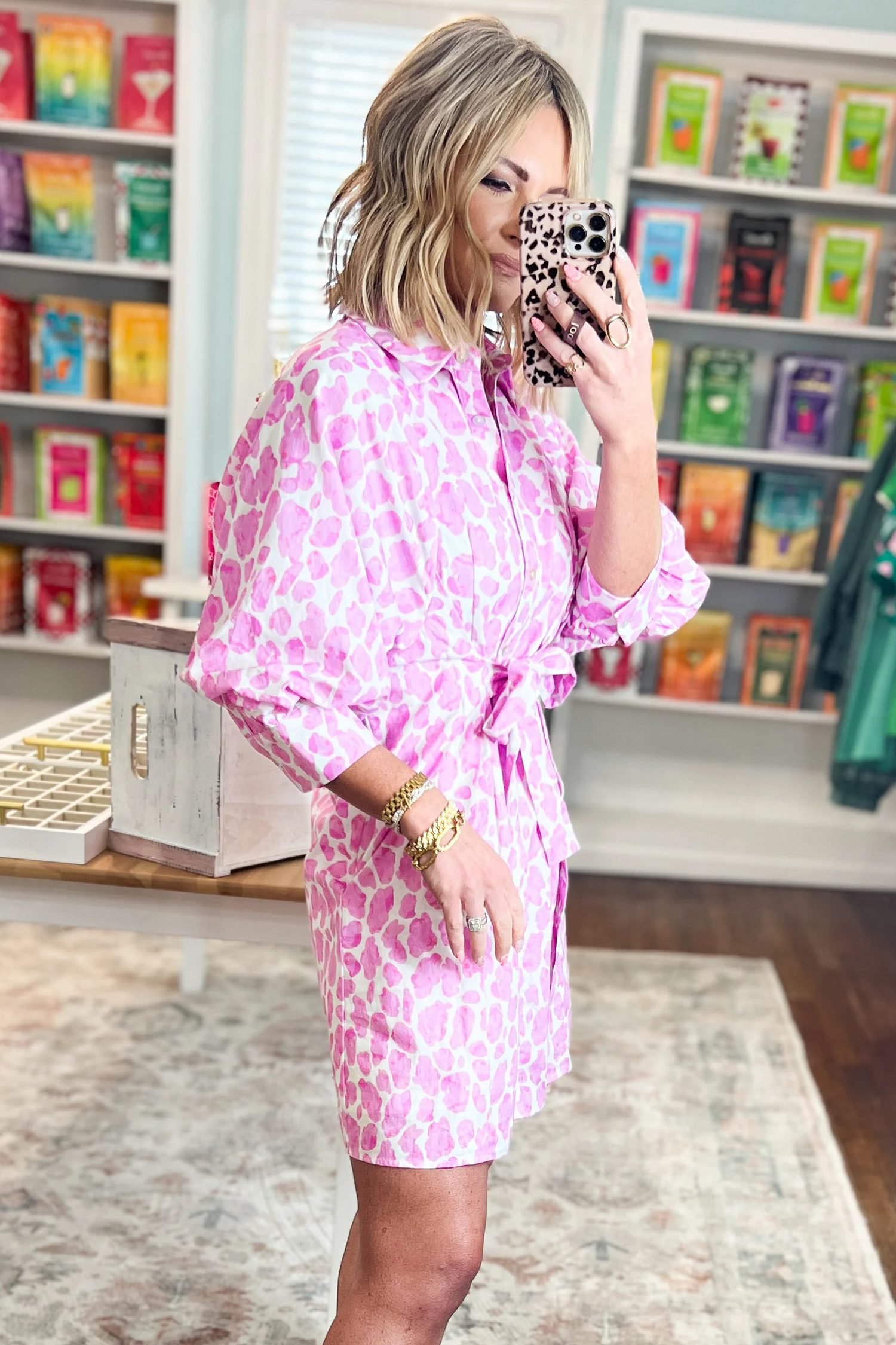 Pink Abstract Leopard Print Tie Waist Puff Sleeve Mini Shirt Dress