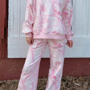 Pink Abstract Plant Print Long Sleeve V Neck Pant Set