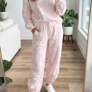 Pink Abstract Print Drop Shoulder Drawstring Waist Drawstring Hem Pant Set