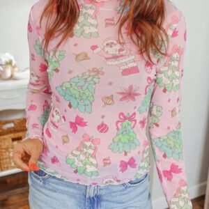 Pink Abstract Print Stand Neck Slim Fit Long Sleeve Top