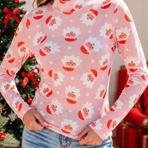 Pink Abstract Santa Print Stand Neck Sheath Long Sleeve Top