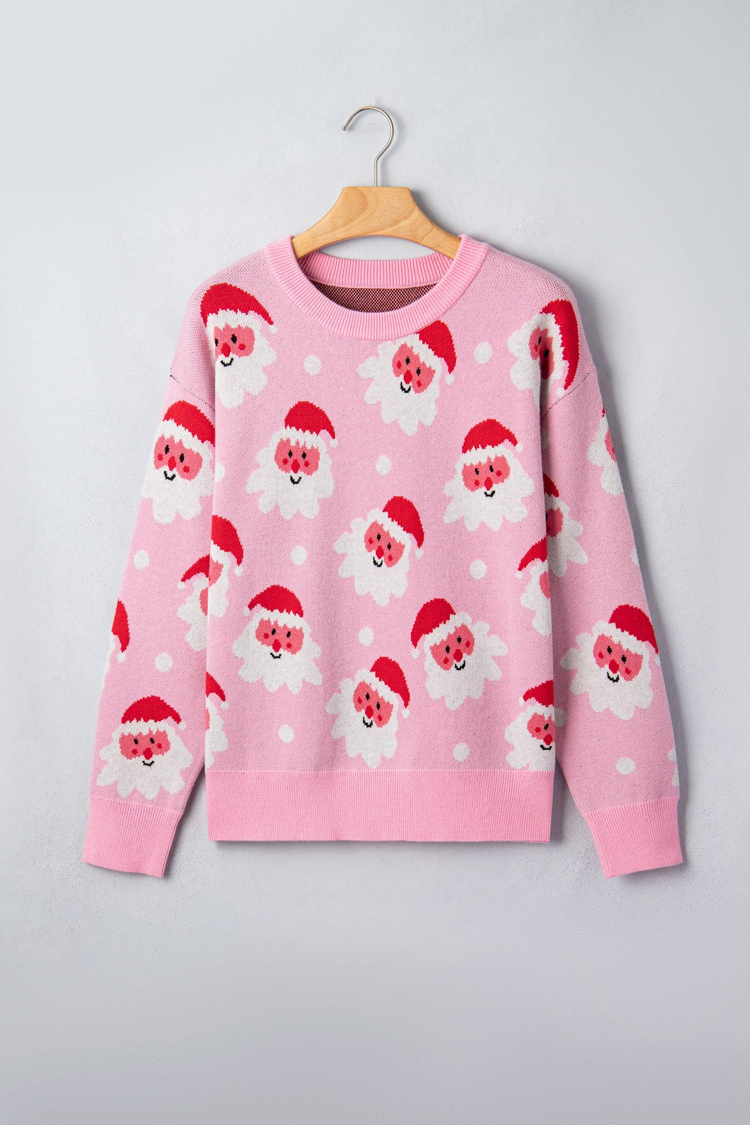 Pink Cartoon Santa Pattern Round Neck Dropped Shoulder Sweater