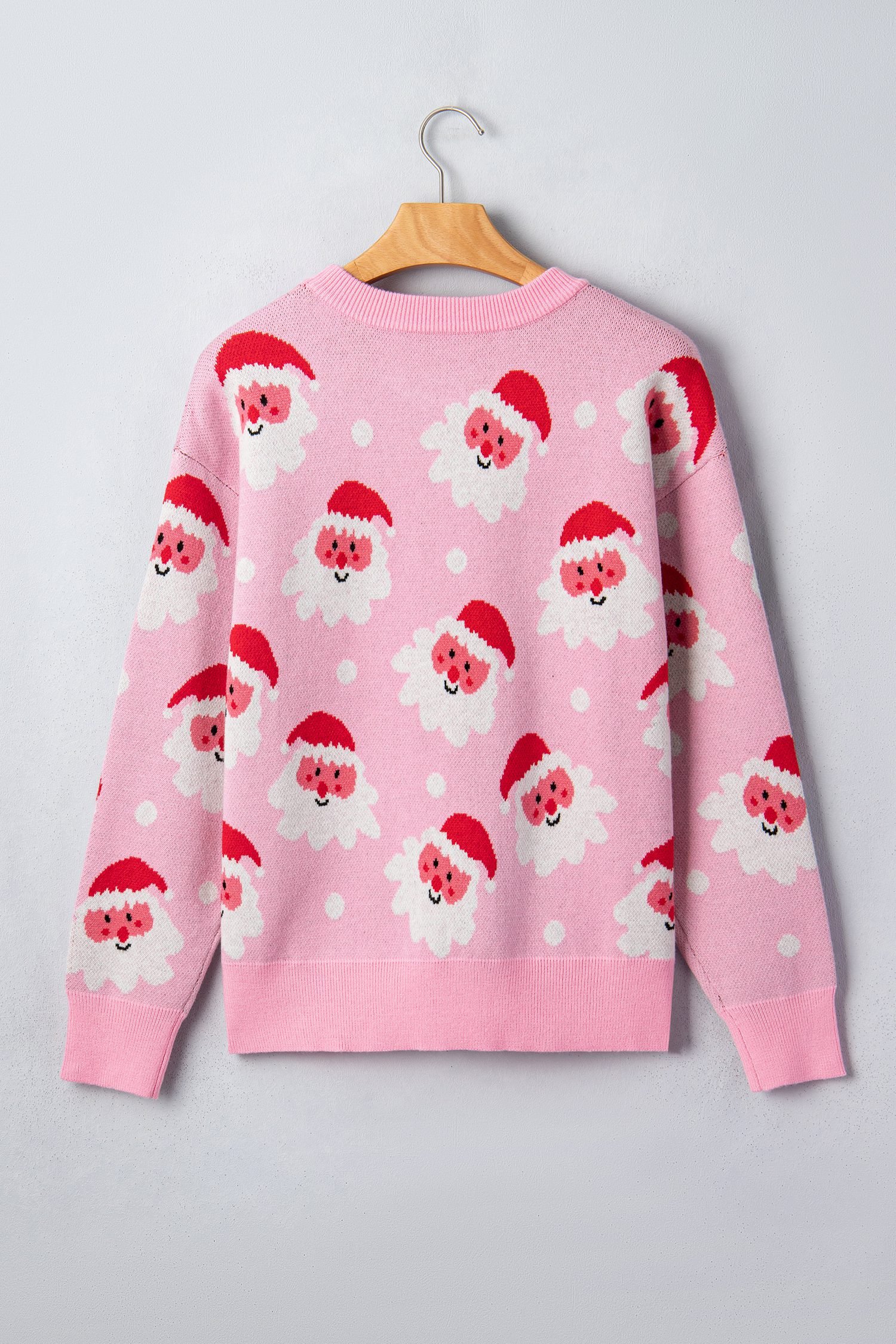 Pink Cartoon Santa Pattern Round Neck Dropped Shoulder Sweater