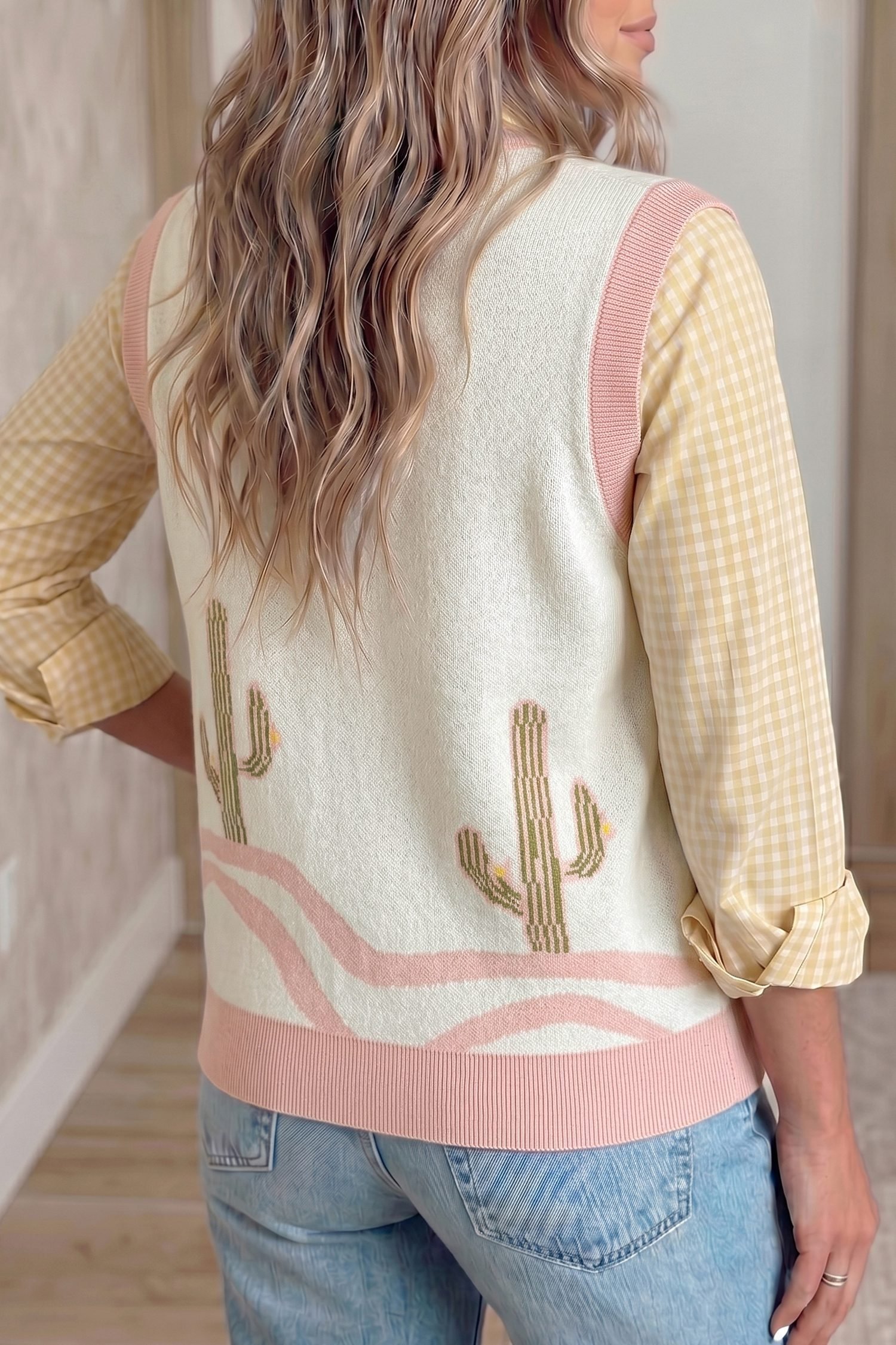 Pink Color Block Trim Button Front Cactus Pattern Western Sweater Vest