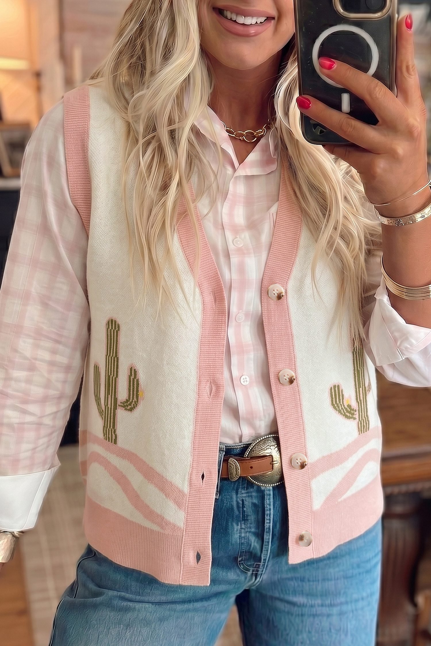 Pink Color Block Trim Button Front Cactus Pattern Western Sweater Vest