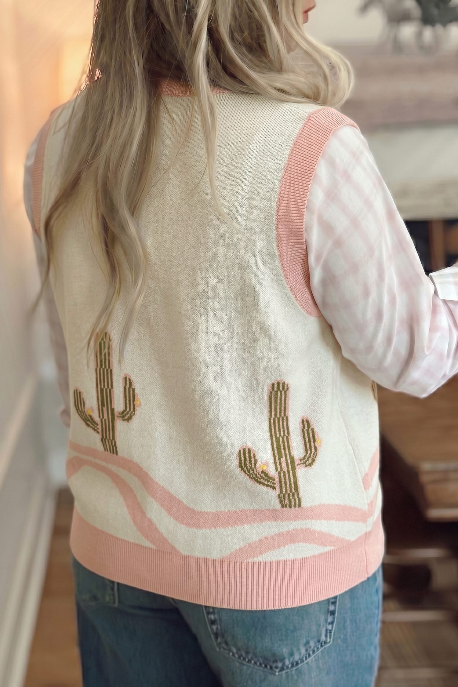Pink Color Block Trim Button Front Cactus Pattern Western Sweater Vest