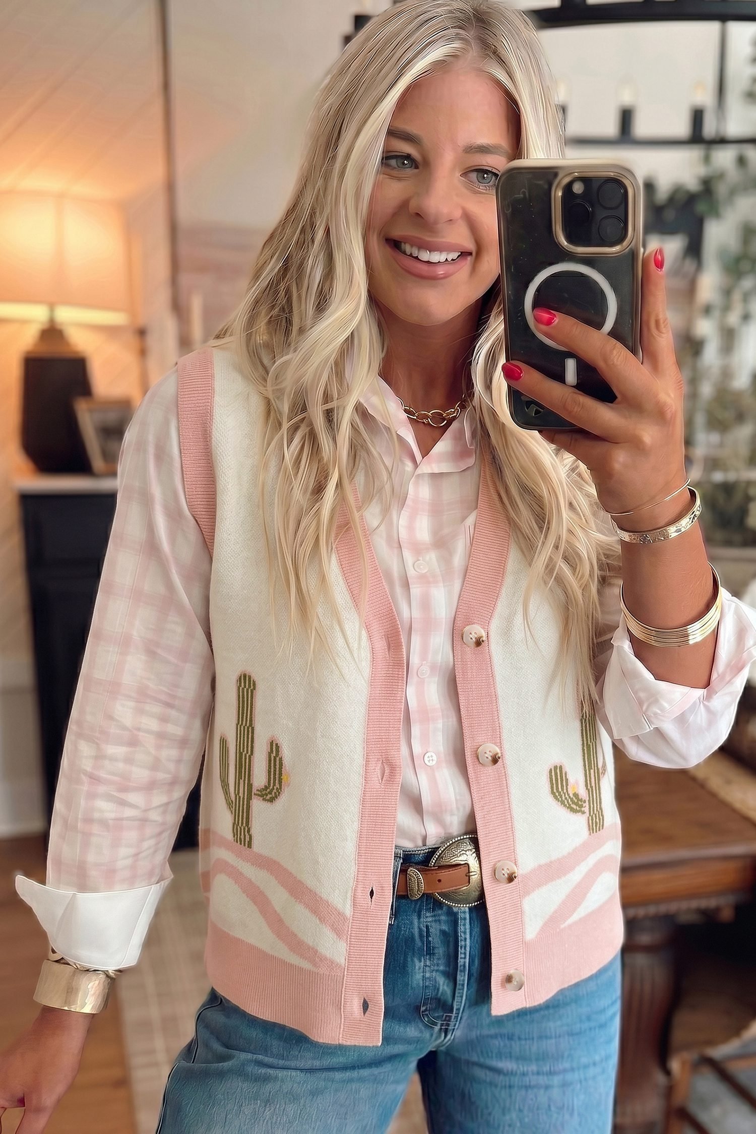 Pink Color Block Trim Button Front Cactus Pattern Western Sweater Vest