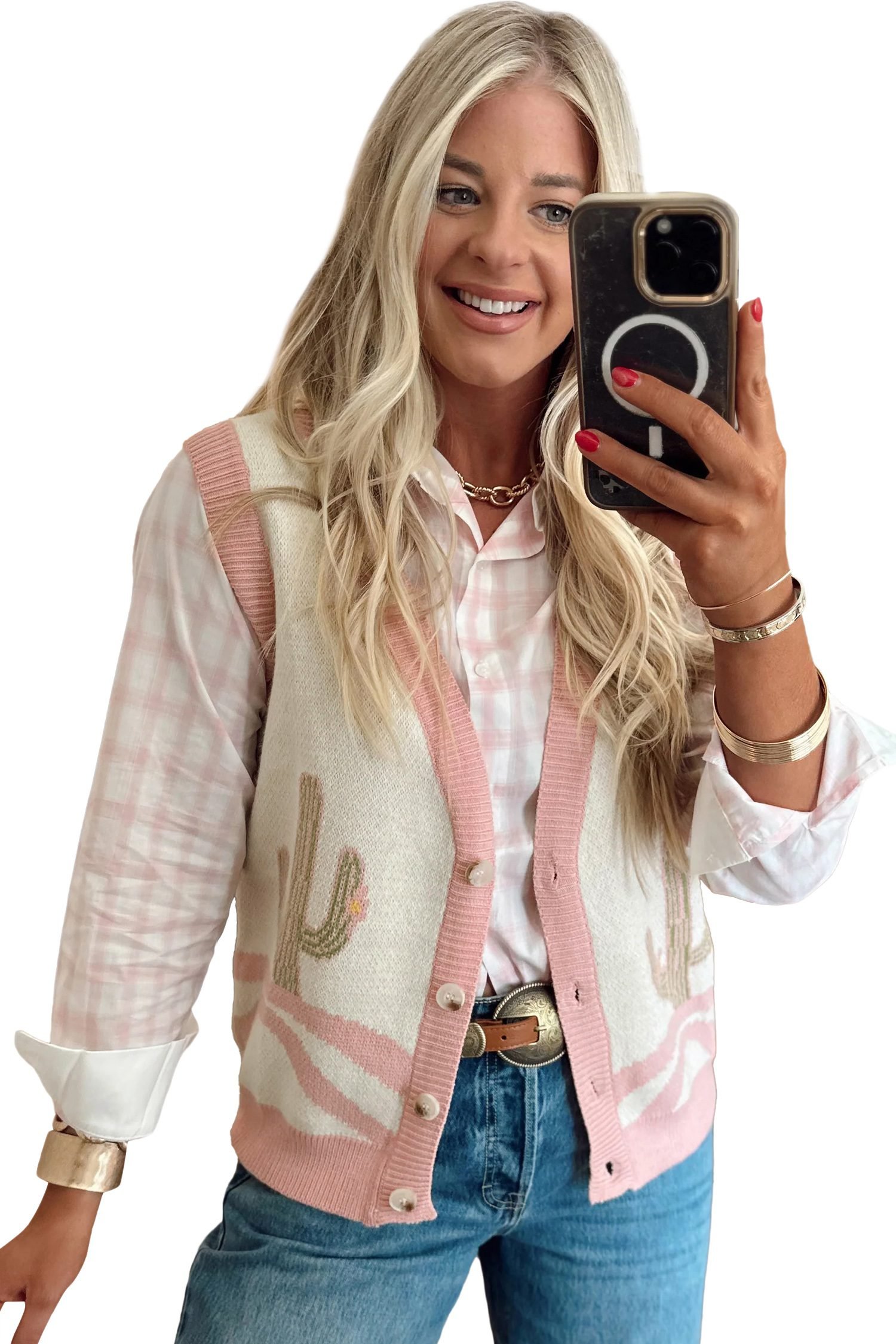 Pink Color Block Trim Button Front Cactus Pattern Western Sweater Vest