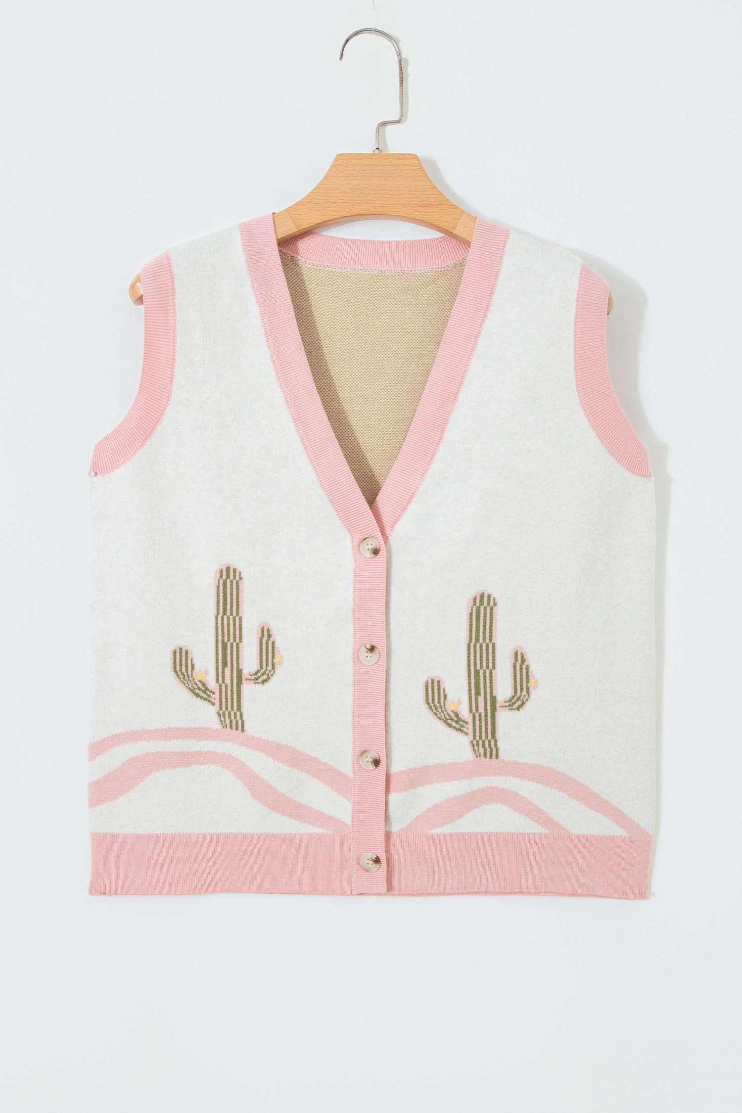 Pink Color Block Trim Button Front Cactus Pattern Western Sweater Vest