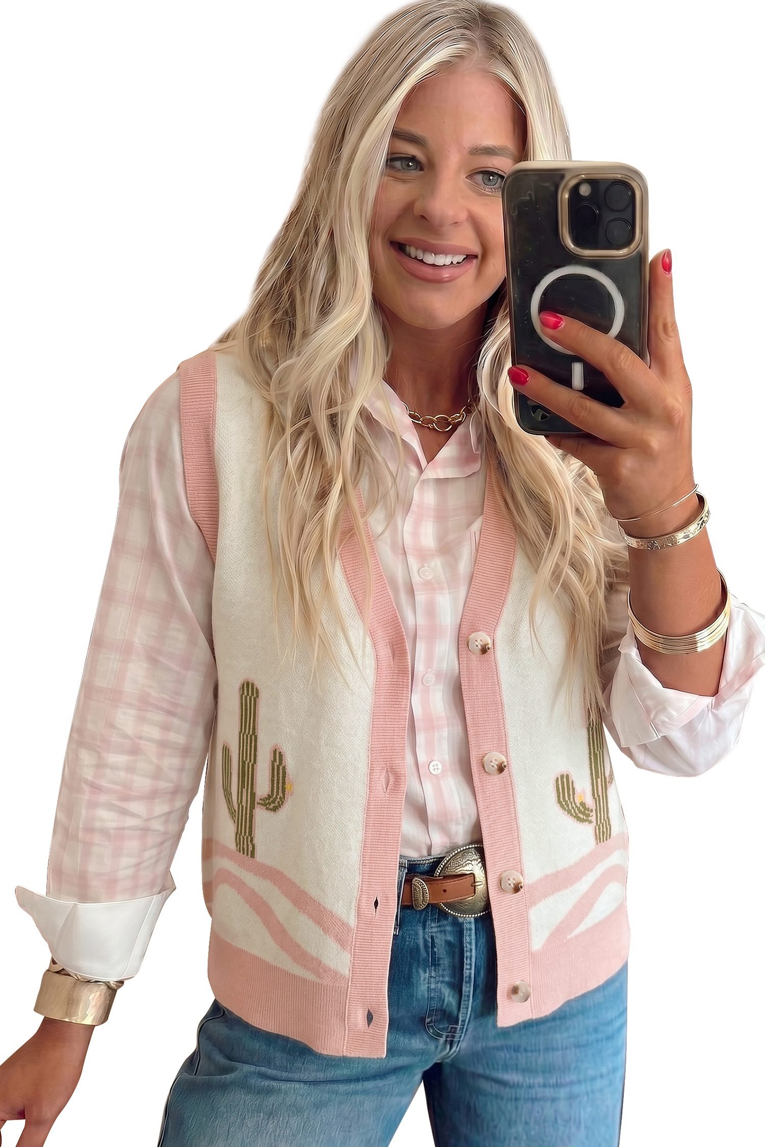 Pink Color Block Trim Button Front Cactus Pattern Western Sweater Vest