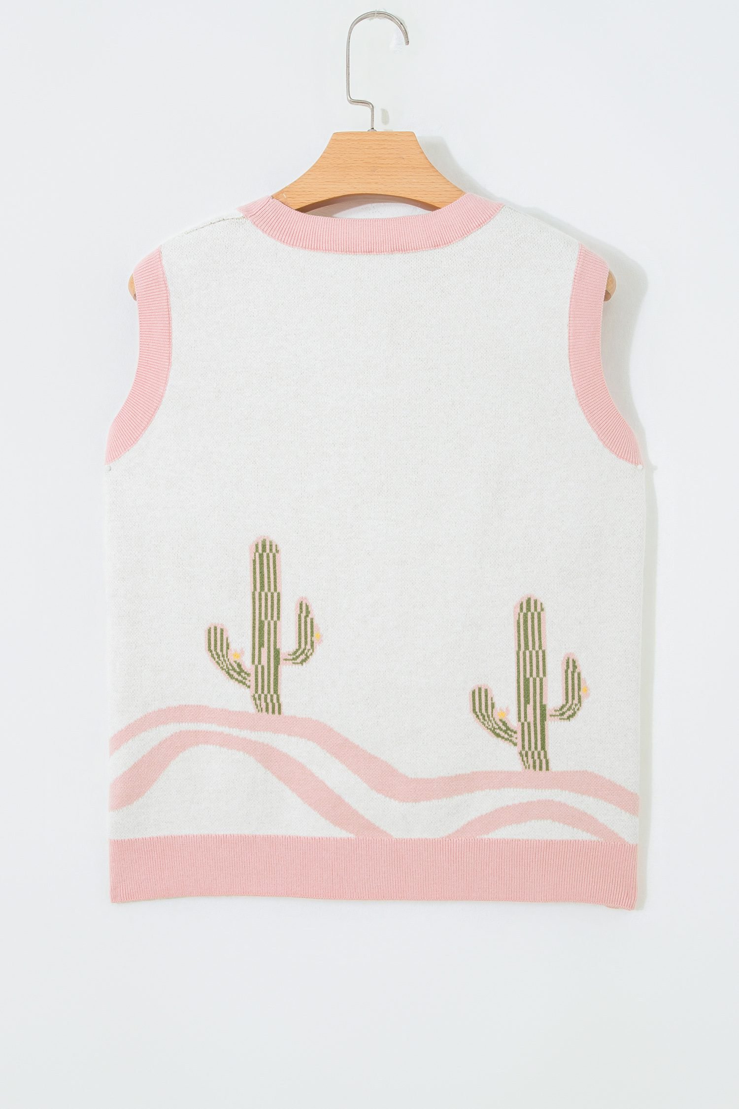 Pink Color Block Trim Button Front Cactus Pattern Western Sweater Vest