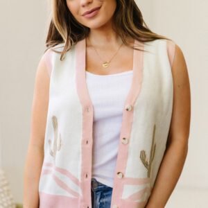 Pink Color Block Trim Button Front Cactus Pattern Western Sweater Vest