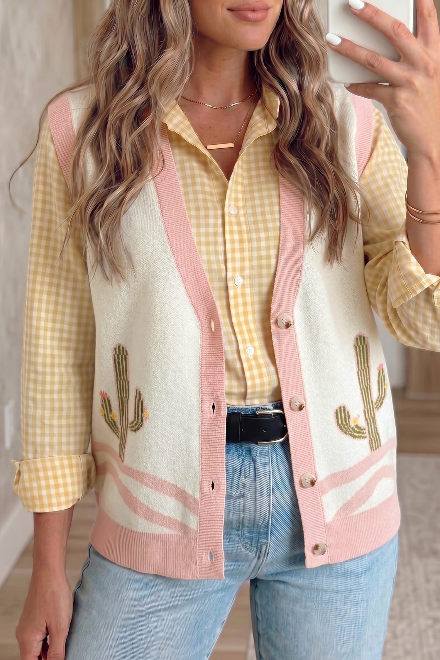 Pink Color Block Trim Button Front Cactus Pattern Western Sweater Vest