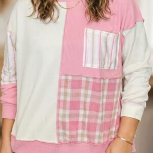 Pink Colorblock Plaid Panel Long Sleeve Plus Size Blouse
