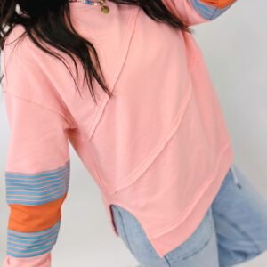 Pink Colorblock Striped Patchwork Raw Detail Long Sleeve Top