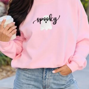 Pink Embroidered Ghost Halloween Graphic Sweatshirt